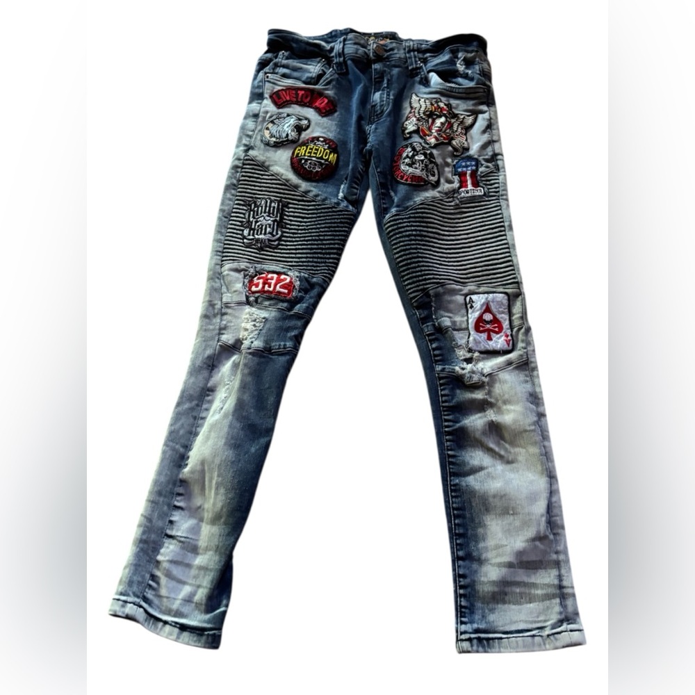Copper Rivet Biker Patch Men’s Slim Fit Destroyed Acid Wash Denim Jeans 32x32